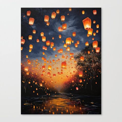 Shop Wish Lanterns Canvas Print by vanoverdesigns on Society6! Tela, Lantern Acrylic Painting, Floating Lanterns Painting, Sky Lanterns Painting, Chinese Lantern Painting, Thailand Culture, Masters Paintings, Wish Lanterns, Lantern Painting