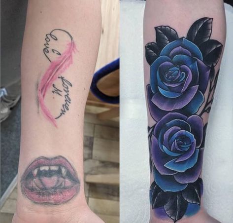 Cover Up For Infinity Tattoo, Girls Cover Up Tattoo Design, Black And Purple Flower Tattoo, Rose Galaxy Tattoo, Color Over Black Tattoo Cover Up, Lower Arm Cover Up Tattoos For Women, Large Ankle Tattoo Cover Up, Flowers Tattoo Cover Up, Calf Cover Up Tattoos For Women