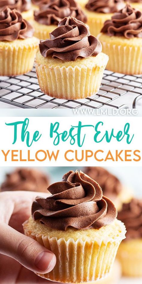 Yellow Cupcakes Recipe, Yellow Cake Cupcakes, Frosting For Chocolate Cupcakes, Cupcakes With Chocolate Frosting, Frost Cupcakes, Homemade Cupcake Recipes, Yellow Cupcakes, Cupcakes With Chocolate, Chocolate Frosting Recipes