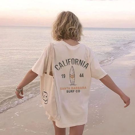 California 1944 Santa Barbara Surf Co T-Shirt, CA Beachy Shirt, Aesthetic Shirt San Jose, Aesthetic Summer Shirts, Beach Graphic Tees, Summer Outfits Oversized Shirts, Cali Style Outfits, Summer Tshirt Outfits, Beachy Style Outfits, Beach Girl Aesthetic Outfit, Beachy Shirts