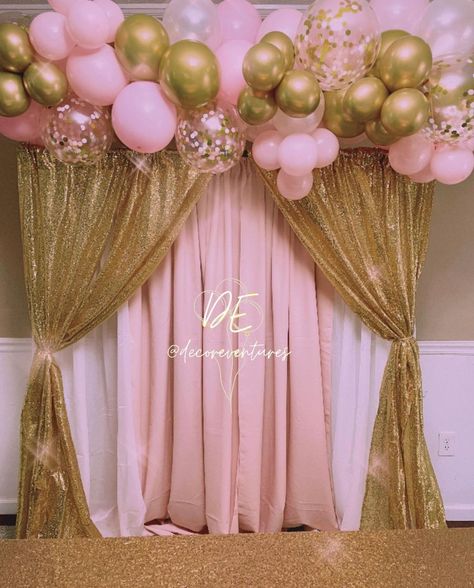 Pink And Gold Photo Booth, Pink Gold White Backdrop, Pink White And Gold Curtain Backdrop, Pink And Gold Curtain Backdrop, Pink And Gold Backdrop Ideas, Pink And Gold Balloon Arch Backdrop, Pink Gold And White Backdrop, Pink And Gold Balloons Decoration, Pink And Gold Photo Backdrop