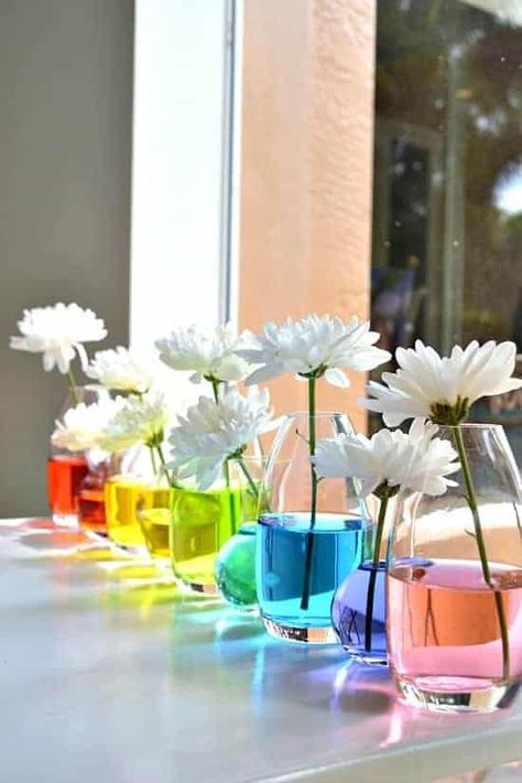 19 Colorful Rainbow Decorations + Party Ideas - Mimi's Dollhouse Water Centerpieces, Rainbow Centerpiece, Diy Baby Shower Centerpieces, Diy Frühling, Rainbow Party Decorations, Rainbow Parties, Spring Centerpiece, Simple Centerpieces, Rainbow Wedding