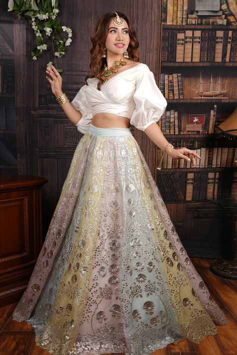 Shop for Archana Kochhar Multi Color Taffeta Carousel Lehenga And Puff Sleeve Blouse Set for Women Online at Aza Fashions Blouse And Lehenga Designs, Pastel Shade Lehenga, Multi Color Blouse Designs, Designer Blouses For Lehenga, Pastel Shades Lehenga, Organza Lehenga Blouse Designs, Sanji Outfit, Pastel Color Lehenga, Lehenga Blouse Designs Latest