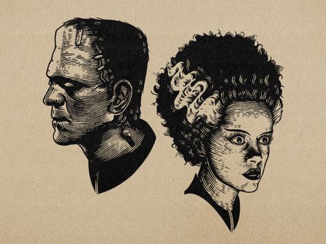 Bride Of Frankenstein Tattoo Pinup, Frankenstein Wall Art, Frankenstein And Bride Drawing, Bride And Frankenstein Tattoo, Classic Horror Monsters, Frankensteins Monster Tattoo, Small Frankenstein Tattoo, Zombie Flash Art, Bride Of Frankenstein Tattoo Traditional