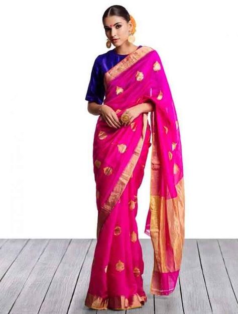 Chanderi from Madhya Pradesh Saree Contrast Blouse, Finding Style, Indian Sari Dress, Raw Mango, Lehenga Blouse Designs, Summer Bride, Vogue India, Contrast Blouse, Indian Sari