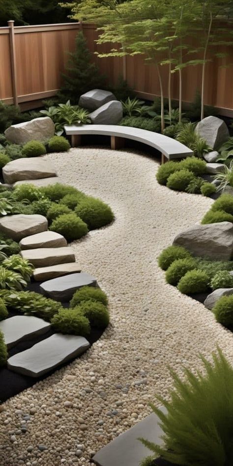 Design a secret garden with a contemplative stone garden featuring carefully arranged rocks, gravel paths, and minimalist plantings. Integrate hidden alcoves with stone benches, providing a serene and meditative stone garden retreat. Japanese Wisteria Garden, Modern Zen Backyard, Garden Path Gravel, Gravel Courtyard Garden, Playground Garden Ideas, Japanese Gravel Garden, Modern Zen Garden Backyard, Small Area Landscaping Ideas, Garden Design With Stones