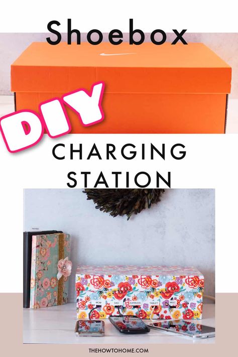 An easy and inexpensive way to wrangle cord chaos and clutter! Use a shoebox to keep everything neat and today. Family Charging Station, Charging Station Diy, Shoe Box Diy, Trap Door, Pantry Makeover, Charging Stations, Box Diy, Do It Yourself Crafts, Cord Organization
