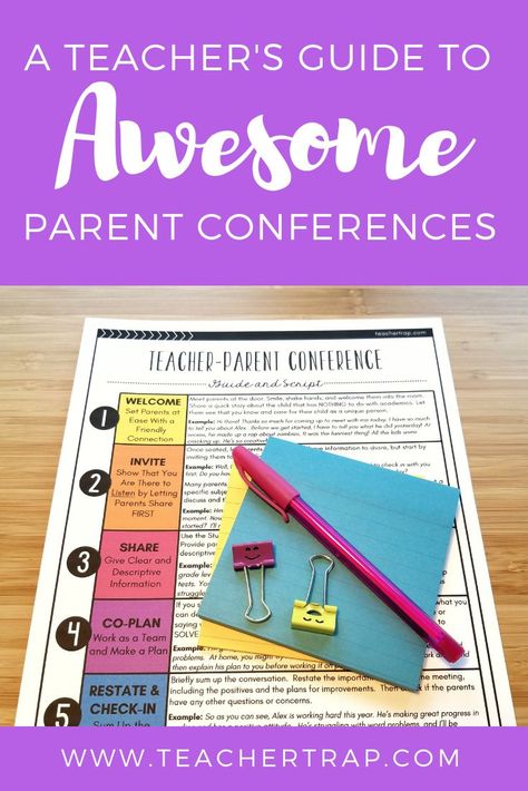 Make your parent-teacher conferences count! Tips for how to share information about student progress and behavior clearly, how to engage parents in planning for their child's success, and how to get the parent support you need!  #parentteacherconference #parentteacherconferences #parentconferences #teachertrap Teacher Guides, Parenting