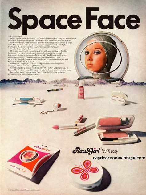 Space face. Atomic Age Advertising, Cosmetics Magazine Ads, Space Age Makeup 60s, Atomic Space Age Aesthetic, 60s Magazine Ads, 70s Magazine Ads, Mod Magazine, Space Age Aesthetic, Space Magazine