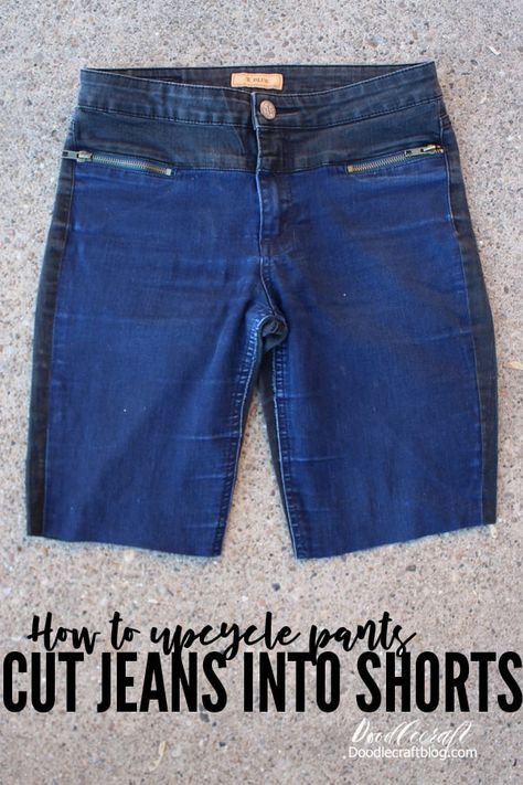 How to Upcycle Jeans into Bermuda Shorts DIY. Learn the proper technique for making cut-offs. Make them as long or short as you want with this simple process. Couture, Upcycling, How To Make Bermuda Shorts From Jeans, How To Cut Jeans Into Shorts Tutorials, How To Make Cut Off Jean Shorts, Diy Bermuda Shorts, Making Shorts From Jeans, How To Cut Off Jeans Into Shorts, How To Cut Pants Into Shorts