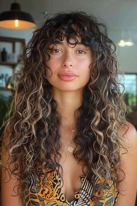 Woman with long curly hair and soft bangs looking stylish Curly Shag With Bangs Long, Curly Wolf Cut With Bangs, Curly Bangs Hairstyles, Curly With Bangs, Wild Curly Hair, Long Haircuts With Bangs, Layers Haircut, Curly Hair Fringe, Curly Fringe