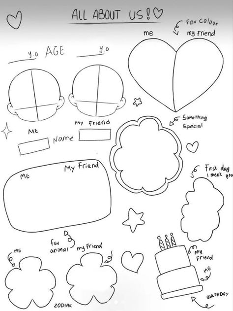 💗do ur bff and you for fun 💗 Fun Things To Print Out, Little Cute Doodles, All About Me Drawing, Modele Zentangle, Lukisan Comel, All About Us, Character Sheet Template, Doodle Frame, Paper Dolls Diy