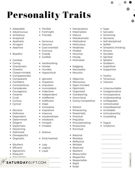 Personality Traits List - Portrait - Alphabetical order | SaturdayGift Character Races List, Personality Words List, Personality Chart Character, Personality List For Characters, Character Qualities List, Character Details Writers, Role Play Character Ideas, Personality Traits For Ocs, Description Of Characters