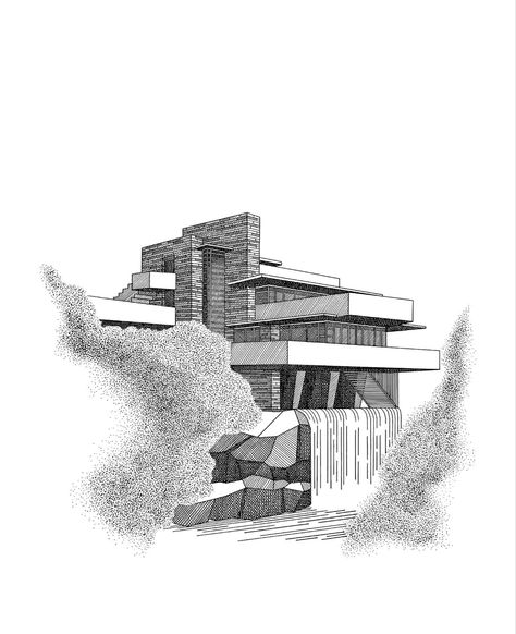 Architecture Drawing 
Architecture Illustration 
Falling Water pen Art Draughting Architectural, Frank Lloyd Wright Architecture Drawings, Falling Water Frank Lloyd Wright Sketch, Waterfall House Frank Lloyd Wright, Falling Water House Drawing, Falling Water Sketch, Frank Lloyd Wright Sketches, Pen Rendering, Falling Water Architecture