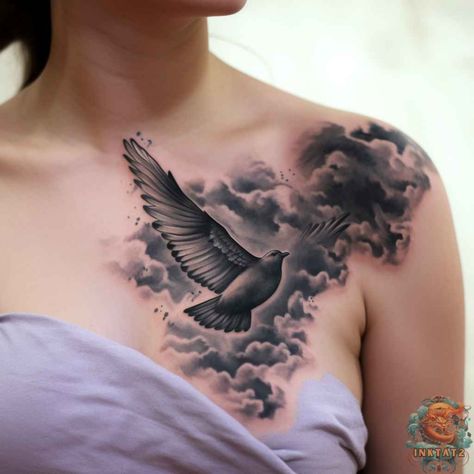 Incredible Dove Tattoo Designs with Clouds – 37 Designs - inktat2.com Clouds And Sunrays Tattoo Design, Mens Dove Tattoo Ideas, Cloud Tattoo Leg, Cloud Tattoo Shading Backgrounds, Dove Tattoo Neck, Dove Shoulder Tattoo, Dove Clouds Tattoo, Sunrays Tattoo Design, Dove With Clouds Tattoo