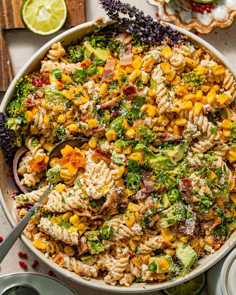 Vegan Pasta Salad Creamy, Street Corn Pasta Salad Ditalini, Vegan Elote Pasta Salad, Street Corn Elote Pasta Salad, Female Foodie Street Corn Pasta Salad, Mexican Pasta Corn Salad, Side Mexican Dishes, Three Bean Pasta Salad, Elote Corn Pasta Salad