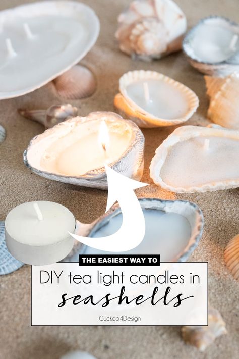 seashell candles laying in the sand with one of them burning Beach Candles Diy, Sand Candles Diy, Shell Candles Diy, Seashell Candles Diy, Beachy Candles, Oyster Candle, Seashell Bathroom, Craft To Make, Diy Tea