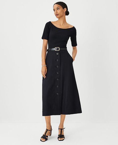 Crafted from a relaxed-yet-refined linen blend, this button front midi skirt is a breeze to wear. Button front. Front off-seam pockets. Lined.,Hit:Hits below the knee,Imported:Imported,Fit:Hits below the knee,Length:29" long,Fabrication:Shell: 55% Linen, 45% Rayon; Lining: 80% Polyester, 20% Cotton,Garment Care:Machine Washable Petite Linen Blend Button Midi Skirt by Ann Taylor Size petite - 00 Black Women's Linen, Blend, A-Line, Skirts, Shell 55%, Linen, 45%, Rayon Lining 80%, Polyester, 20%, Cotton, Machine, Washable Black Knee Length Skirt Outfit, Button Down Skirt Outfits, Knee Length Skirts Outfits, Professional Fits, Linen Skirt Outfit, Elegant Summer Style, Petite Midi Skirt, Button Front Midi Skirt, Button Midi Skirt