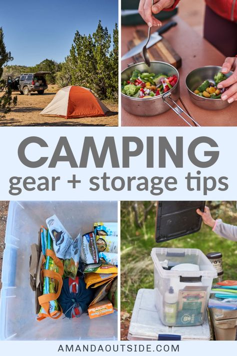 Learn all about how to keep your camping gear organized using bins! Amanda brings you around her campsite showing you all the gear she packed and why. Discover simple car camping organization tips and hacks to make packing for your next camping trip easy and stress free! Ultimate Camping Setup, Camping Packing Organization, Organized Camping Ideas, Camping Food Organization Ideas, Tailgate Camping Ideas, How To Pack Light For Camping, Tent Camping Packing Hacks, How To Store Camping Gear At Home, How To Organize Camping Stuff