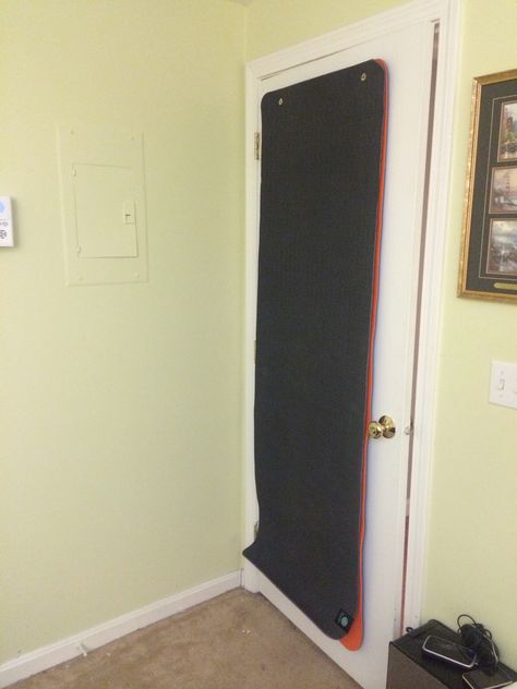 Great use for a door. Install grommets in yoga mats, put two screws(or hanger of choice) on door and voila! Grommet kits available at home improvement stores. Added bonus of keeping mats flat! Yoga Mat Hanger, Yoga Rooms, Yoga Ideas, Yoga Mat Holder, Workout Space, Weekend Crafts, How To Hang, My My, Pilates Studio