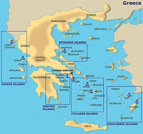 greek island cluster sections map Thasos, Greek Islands Map, Mainland Greece, Sailing Greece, Greek Islands Vacation, Greek Islands To Visit, Greek Island Hopping, Greek Vacation, Best Greek Islands