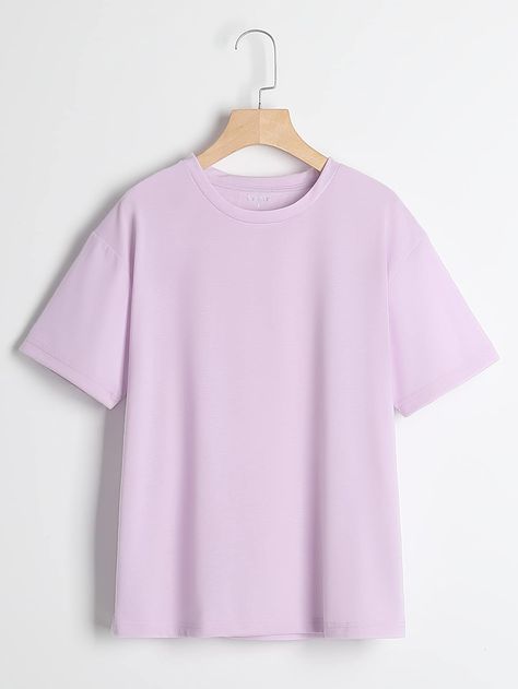 Lilac Purple Casual  Short Sleeve Polyester Plain  Embellished Slight Stretch Summer Women Tops, Blouses & Tee Plain Tee Shirts, T-shirt Photography, T Shirt Design Template, Round Neck Tees, Customise T Shirt, Lilac Purple, Clothes Inspiration, Women T Shirts, Shein Style