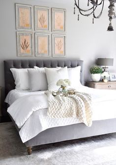 Dreamy white bedding and gray tufted headboard Grey Bed Frame, Grey Bed, Grey Headboard, Grey Bedroom Decor, Gray Bedroom, Bedroom Headboard, Chic Bedroom, Grey Bedding, White Bedroom