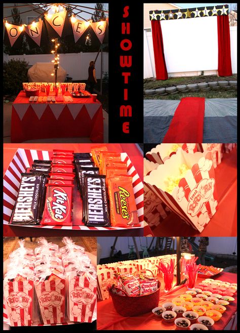 Movie_Night_Birthday_Party_  Movie projected in the back yard on big screen made with sheets, concession stand, popcorn party favors with RedBox gift card Redbox Gift, Popcorn Party Favors, Outdoor Movie Party, Outside Movie, Movie Night Birthday Party, Movie Birthday Party, Movie Themed Party, Red Carpet Party, Backyard Movie Nights