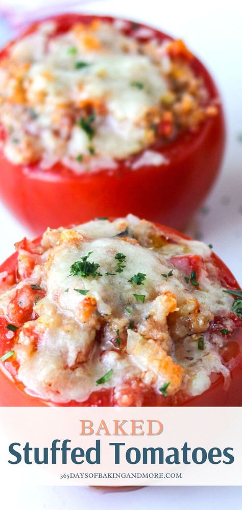 Three Cheese Stuffed Tomatoes 12 Tomatoes, Healthy Snacks With Tomatoes, Recipes With Big Tomatoes, Essen, Stuffed Roma Tomatoes, Mozzarella Tomato Recipes, Vegetable Italian Recipes, Stuffed Tomatoes With Ground Beef, Sausage Stuffed Tomatoes