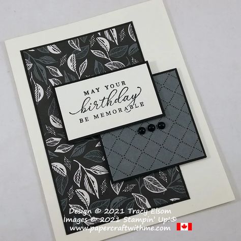 Masculine birthday card created using the Timeless Tropical Stamp Set and Simply Elegant paper from Stampin' Up! #papercraftwithme #simplestamping Black Birthday Card For Men, Birthday Card On Black Paper, Black Birthday Card Ideas, Cool Greeting Cards, Griting Card Ideas, Handmade Birthday Card Ideas Creative, Aesthetic Greeting Cards Handmade, Masculine Birthday Cards Men, Cards Birthday Handmade