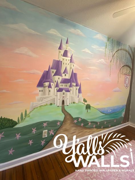 I painted this mural for a sweet eight year old who loves everything princess. This brightened up the room and made it her favorite place. Fairytale Mural, Princess Mural, Castle Mural, Castle Rooms, Wall Murals Diy, Ceiling Murals, Kids Rooms Diy, Bedroom Murals, Wall Murals Painted