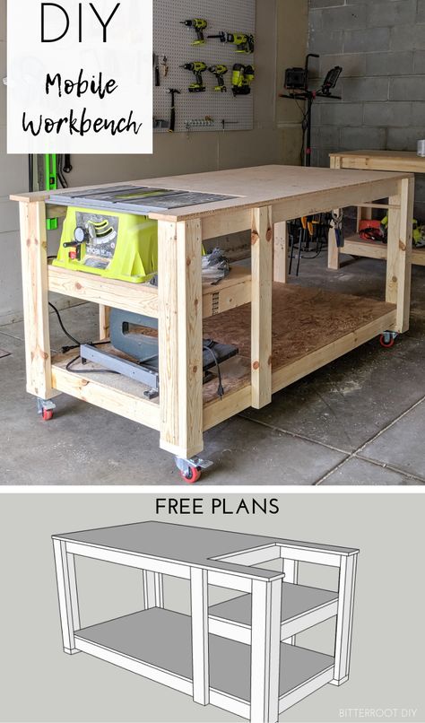 Mobile Workbench with Table Saw - Bitterroot DIY Workbench With Table Saw, Diy Mobile Workbench, Table Saw Workbench, Mobile Workbench, Workbench Plans Diy, Diy Table Saw, Diy Workbench, Woodworking Bench Plans, Hemma Diy