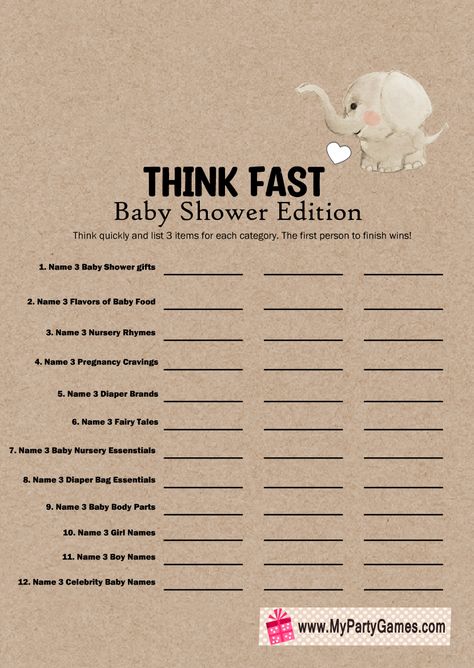 Free Printable Think Fast Baby Shower Game Free Printable Baby Shower Games Boy, Baby Shower Games Printable Free, Free Baby Shower Games Printables, Baby Shower Games Free Printables, Kid Holiday Games, Free Printable Party Invitations, Free Printable Baby Shower Games, Girls Party Games, Free Baby Shower Games