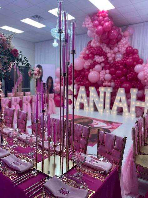 11 Shades Of Pink Party, Party Table Food Ideas, Sweet 16 Dinner Party Ideas, Sweet 16 Pink Theme, Barbie Sweet 16, Sweet 16 Party Planning, Pink Birthday Decorations, Sweet 16 Party Themes, Black And Gold Party Decorations