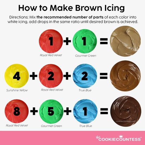 How to Make Brown Icing without Brown Food Color — The Cookie Countess Brown Color Mixing Chart, How To Mix Brown Acrylic Paint, Brown Icing, Icing Color Chart, Food Coloring Mixing Chart, Food Coloring Chart, Brown Food Coloring, Color Mixing Chart Acrylic, Logo Nails