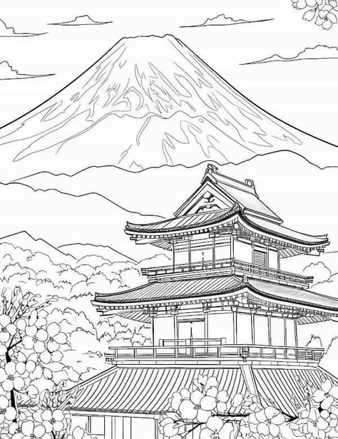 Pagoda with Mount Fuji in the background Drawing Of Japan, Japan Scenery Drawing, Sketch Ideas Scenery, Japan Sketch Drawings, Japanese Drawing Ideas, Japan Drawing Easy, Mount Fuji Drawing, Japanese Landscape Drawing, Japanese Pagoda Drawing