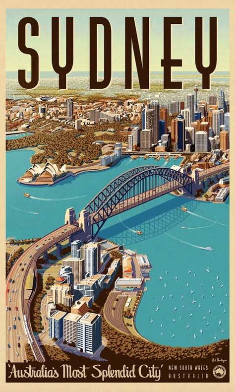 Sydney, Splendid City - Vintage Travel Poster by Vintage Portfolio Australia Poster Design, City Posters Aesthetic, Australian Wall Art, Vintage Travel Posters Australia, Vintage City Posters, Melbourne Poster, City Poster Design, Channel Poster, Stare Reklamy