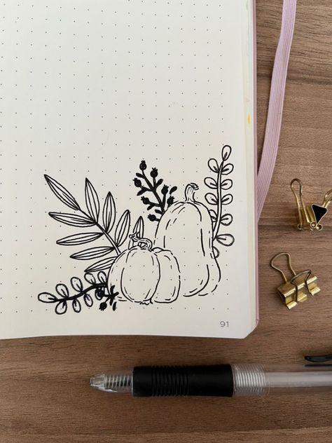 Pumkin Doodles Cute, Journal Page Doodles, Autumn Theme Drawing, Cute October Drawings, Fall Theme Journal, Fall Journal Doodles, Fall Theme Drawings, October Dot Journal Ideas, September Doodles Easy