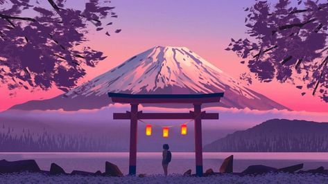 Japan Mountain Mount Fuji, Anime Backgrounds Wallpapers Landscape Pc, Purple Architecture Aesthetic, Gunung Fuji, Gaming Screen, Tokyo Aesthetic, Japanese Background, Japanese Mountains, Mountain Aesthetic