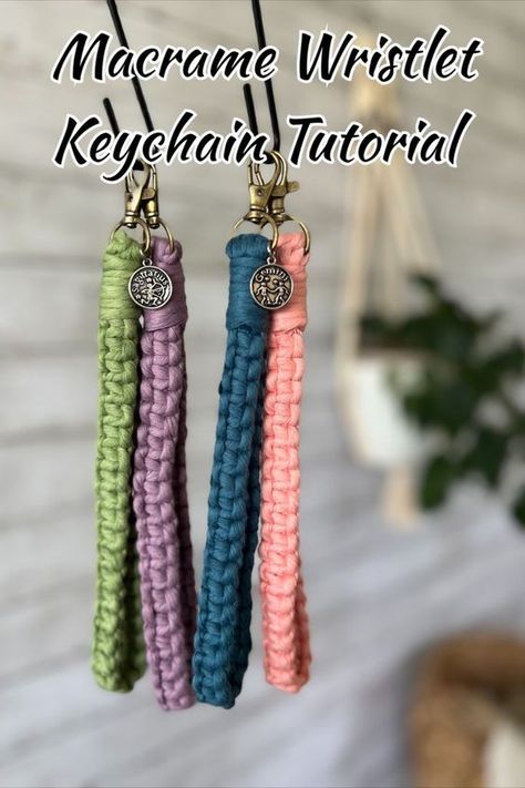 Grab your macrame cord, scissors, and a keychain clasp and lets make a wristlet! Easy beginner macrame tutorial Braided Macrame Wristlet, Square Knot Macrame Keychain, Things To Make With Macrame Cord, Crochet With Macrame Yarn, Macrame Wristlet Tutorial, Macrame Wristlet Keychain Tutorial, Macrame Key Chains Patterns, Macrame Keychain Ideas, Macrame Wristlet Keychain Diy Tutorial