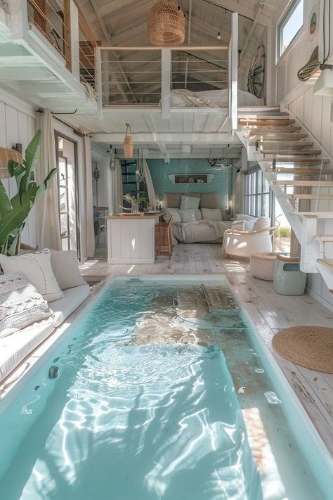 Tiny house 01 Small Beach Houses Interior, Tiny Home Ideas Exterior, Beach Aesthetic Home, Aesthetic Tiny House, Coastal Tiny House, Tropical Beach House Design, Tiny Beach House Interior, Tiny House Aesthetic, Cute House Ideas