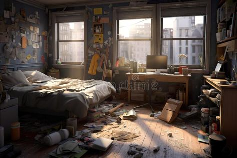 A messy bedroom with lots of clutter on the floor. Generative AI image. royalty free stock photos Messy Room Concept Art, Immersive Bedroom, Bedroom Reference Photo, Concept Art Bedroom, Messy Room Art, Messy Room Drawing, Cluttered Interior, Messy Apartment Aesthetic, Messy Bedroom Aesthetic