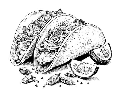 Taco sketch hand drawn food restaurant b... | Premium Vector #Freepik #vector #tacos #tortilla #mexican-food #wrap Mexican Food Drawing, Taco Sketch, Tacos Drawing, Food Sketch Illustration, Mexican Drawings Sketches, Taco Tattoo, Taco Illustration, Taco Tattoos, Taco Art