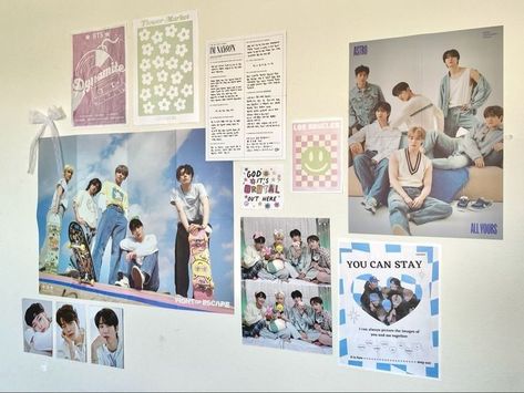 Kpop Photo Collage Wall, Twice Bedroom Kpop, Skz Bedroom Aesthetic, Room Ideas Aesthetic Anime And Kpop, Kpop Poster Collage Wall, Txt Pastel Aesthetic, Wall Collage Ideas Kpop, Pastel Kpop Prints, K Pop Wall Decor