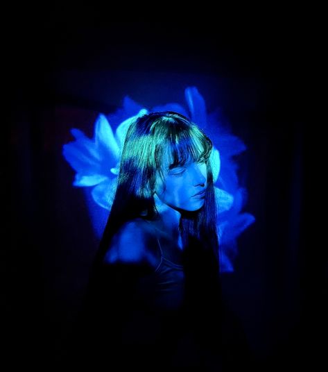 Person In Blue Lighting, Dreamy Self Portrait, Projection Portrait Photography, Alt Pop Aesthetic, Projector Pictures Background, Projector On Face, Photography With Projector, Photos With Projector, Dreamy Photography Portraits