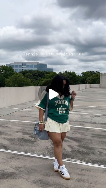 @chanellyhailey on Instagram: "Tennis skirt outfits >>  Top: @aelfricedenofficial  Skirt: @goldhinge  Shoes: @adidas   #tennisskirt #outfit #aelfriceden #goldhinge #adidas #samba" Skirt With Gym Shoes, Jean Skirt Graphic Tee Outfit, Outfits With Chanel Sneakers, Outfits For Adidas Samba, Plus Tennis Skirt Outfit, Outfit Ideas With Samba Adidas, Adidas Samba Shoes Outfit, Tennis Outfit Black Women, Outfit With Samba Adidas