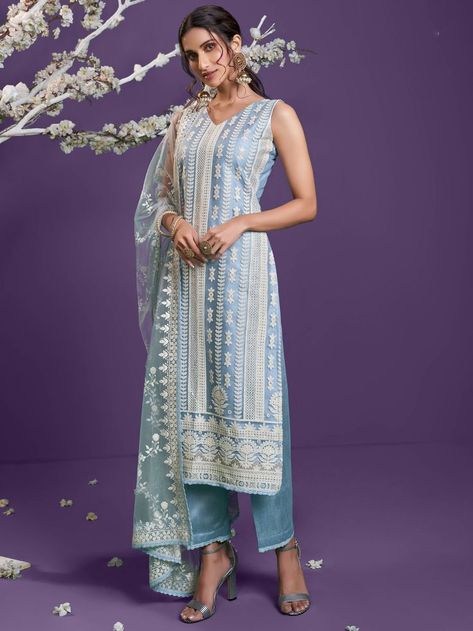 Steel Blue Lucknowi Work Net Party Wear Straight Salwar Suit Wedding Outfits For Women, Light Blue Pants, Top Net, Salwar Kamiz, Silk Bottoms, Dress Rental, Designer Salwar Suits, Special Occasion Outfits, Salwar Kameez Designs
