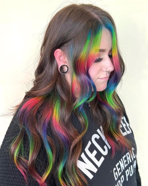 Are you looking for rainbow hair color ideas? Can’t decide which look to pick? When you need help choosing what color to try next, here are wonderful styles to spice up your look and make heads turn. With the gorgeous colors, these rainbow hair color ideas can bring your look to a whole new level. Rainbow Melt Hair, Rainbow Streak Hair, Rainbow Balayage Brunettes, Prism Highlights Hair, Rainbow Hair Color Ideas For Brunettes, Purple And Rainbow Hair, Rainbow Halo Hair, Rainbow Split Dye Hair, Lisa Frank Hair