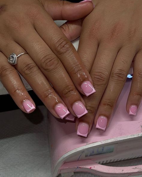 Ask for “pink on pink” 🩷 ( BOOK UNDER CURRENT SALE ) IG: @glamgrippers COLORS WERE CUSTOM MADE BY ME IM ALWAYS ACCEPTING NEW CLIENTS! … | Instagram French Too Short Nails, French Tip Simple Design, Acrylic Overlay Nails French Tip, Real Nails Manicure Gel, Simple Cute Nails Square, Hello Kitty Short Nails Acrylic, Short Square French Tip Nails Pink, Short Nail Styles Acrylic, Short Square Frenchies