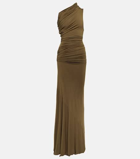Draped one-shoulder jersey gown in green - Entire Studios | Mytheresa Classy Minimal Wedding Dress, Halter Neck Wedding Guest Dress, Summer Gowns Formal, Cream Dress Outfit Classy, Burnt Orange Formal Dress, Olive Gown, Green Wedding Guest Dress, Plum Color Dress, Dusty Rose Gown